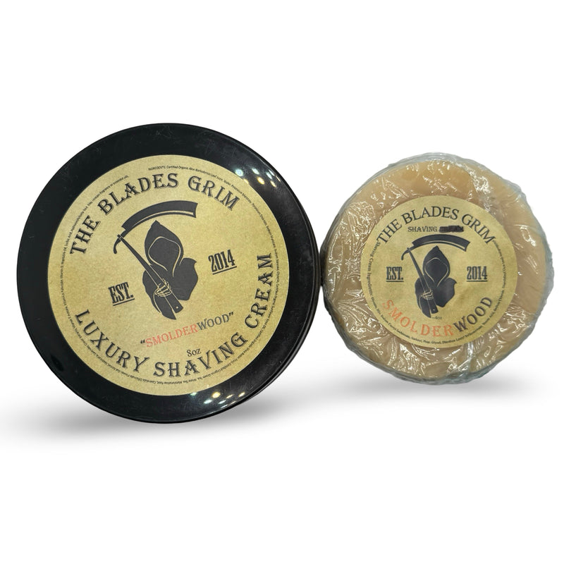 SmolderWood Shave Cream (8oz), Shaving Soap (4oz) - by The Blades Grim (Used) Shaving Cream MM Consigns (EM) 