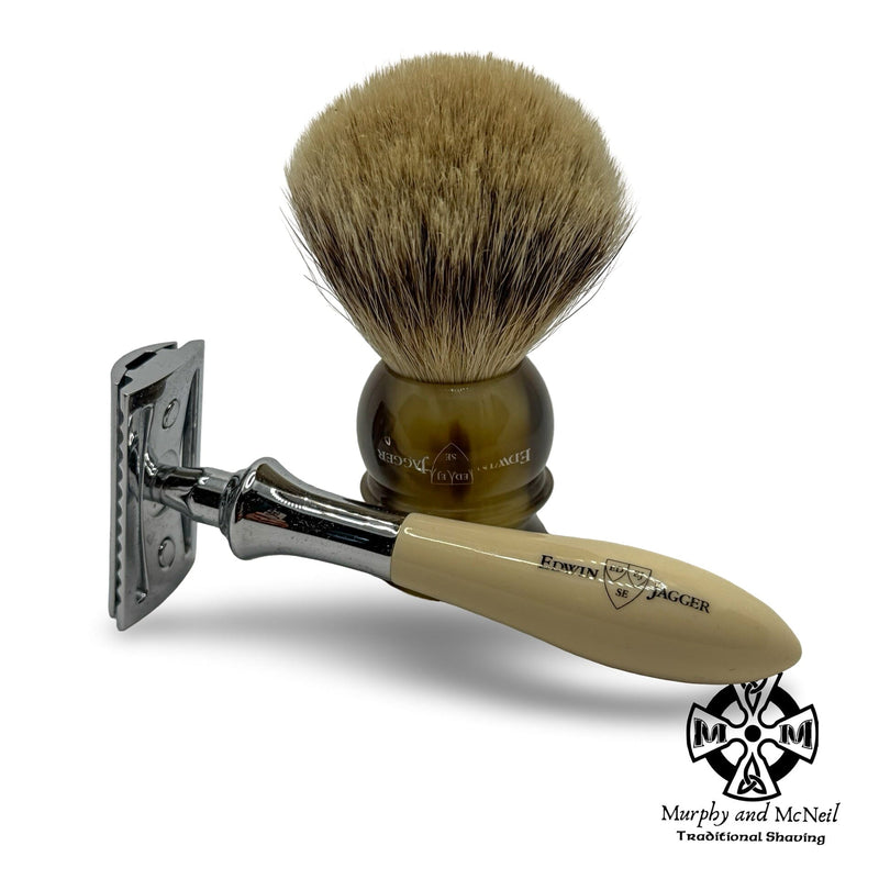 Plaza Faux Ivory Safety Razor & 18mm Silvertip Badger Brush - by Edwin Jagger (Pre-Owned) Safety Razor MM Consigns (JR2) 