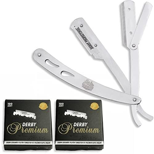 The Shave Factory Straight Edge Razor Kit (Steel Razor / 200 Derby Premium Single Edge Razor Blades) BarberSets 