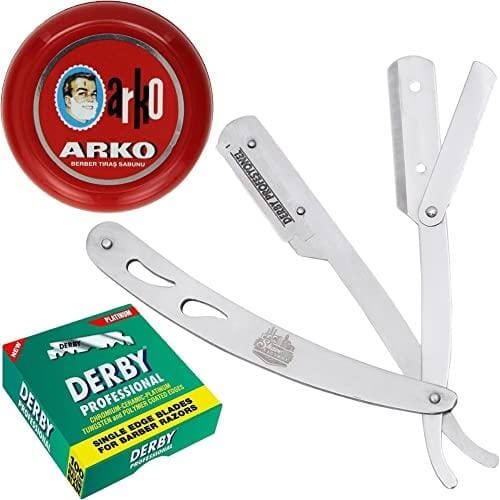 The Shave Factory Straight Edge Razor Kit (Steel Razor/Arko Shaving Soap / 100 Derby Professional Single Edge Razor Blades) BarberSets 