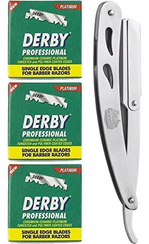 The Shave Factory Straight Edge Razor Kit (Steel Razor / 300 Derby Professional Single Edge Razor Blades) BarberSets 