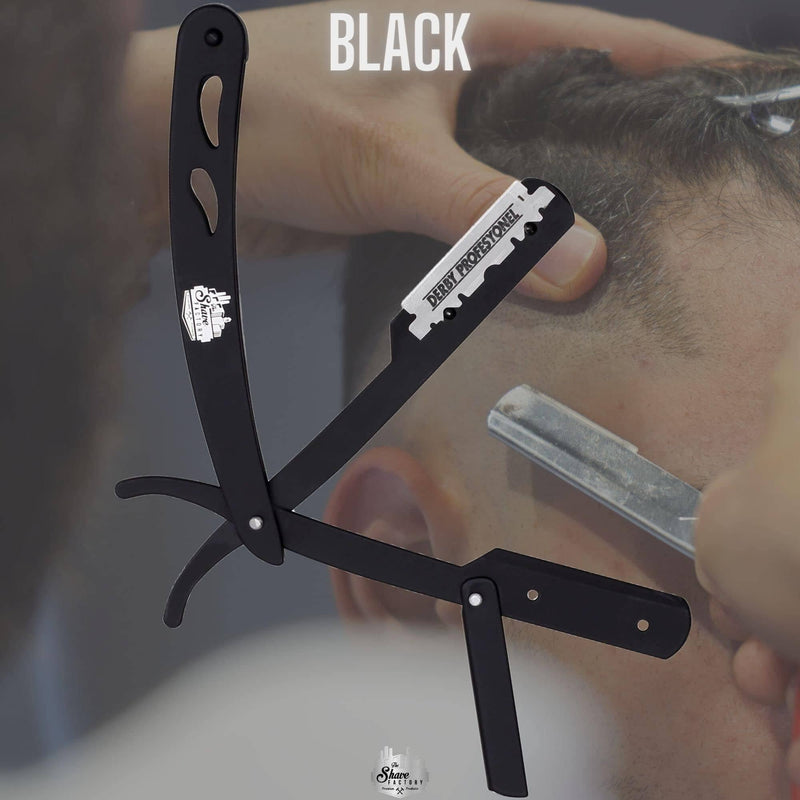 The Shave Factory Straight Edge Razor Kit (Black / 300 Derby Premium Single Edge Razor Blades) BarberSets 