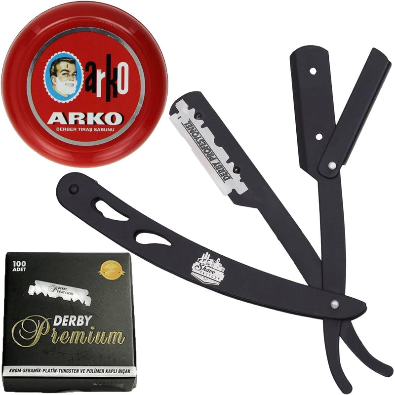 The Shave Factory Straight Edge Razor Kit (Black/Arko Shaving Soap / 100 Derby Premium Single Edge Razor Blades) BarberSets 