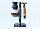 Buckeye Burl Wood Hand Crafted Shave Set with Dark Blue Resin, safety razor, 26mm lather brush and a matching shave stand. Shaving Kit CreationsByWill 