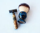 Buckeye Burl Wood Hand Crafted Shave Set with Dark Blue Resin, safety razor, 26mm lather brush and a matching shave stand. Shaving Kit CreationsByWill 