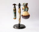 Buckeye Burl Wood Hand Crafted Shave Set with 'Travel to Jupiter'( pearl)Resin safety razor, 26mm lather brush and a matching shave stand. Shaving Kit CreationsByWill 