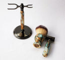 Buckeye Burl Wood Hand Crafted Shave Set with 'Travel to Jupiter'( pearl)Resin safety razor, 26mm lather brush and a matching shave stand. Shaving Kit CreationsByWill 