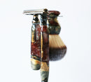 Buckeye Burl Wood Hand Crafted Shave Set with 'Chameleon' Resin safety razor, 26mm lather brush and a matching shave stand. Shaving Kit CreationsByWill 
