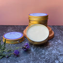 Kitty Karma Studio: Open salve tin with closed tins and lavender