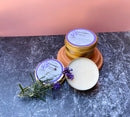 Kitty Karma Studio: Open salve tin and lid with lavender
