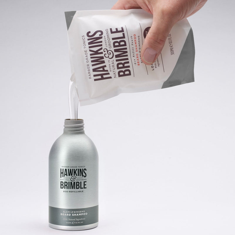 Eco-Refillable Beard Shampoo + Beard Oil Bundle Beard Washes & Conditioners Hawkins & Brimble COM 