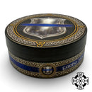Murphy and McNeil Garda Siochana Shaving Soap, closed jar side view