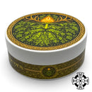 Murphy and McNeil Green Man Shaving Soap Fougere, closed jar angled view