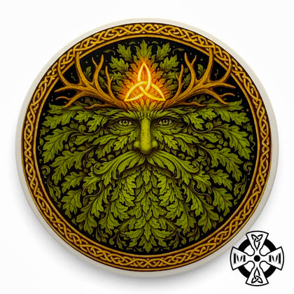 Murphy and McNeil Green Man Shaving Soap Fougere, jar lid with leafy face artwork