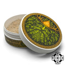 Murphy and McNeil Green Man Shaving Soap Fougere, open jar with soap and lid