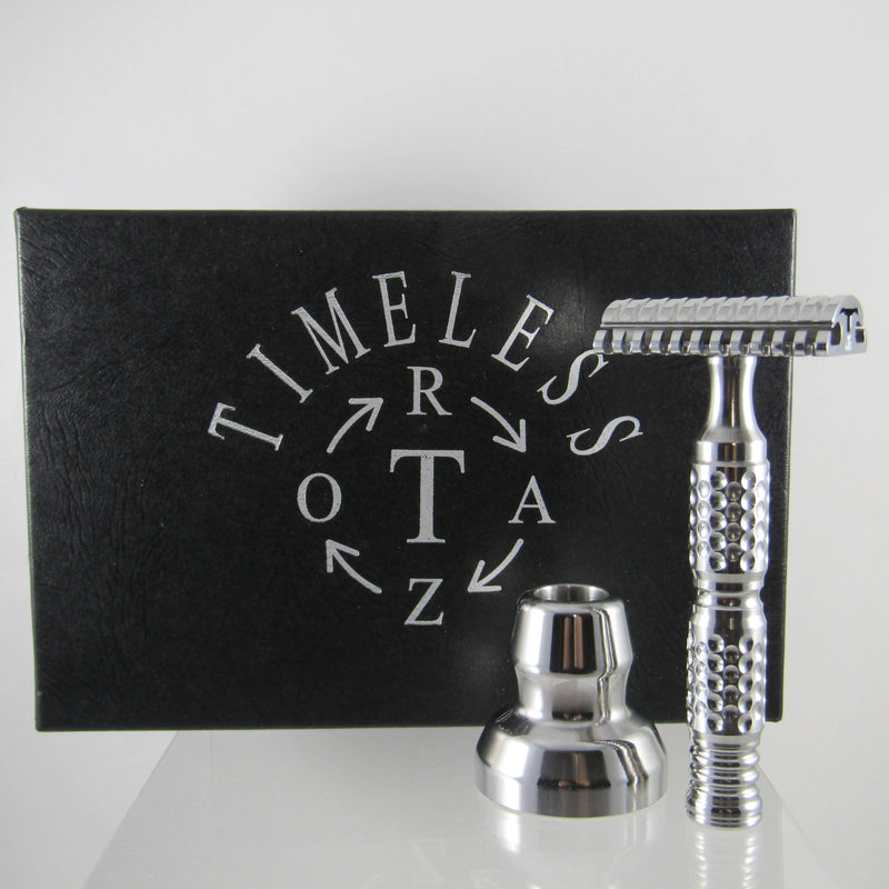 Polished Stainless Steel Safety Razor (0.68 Open Comb) with Stand - by Timeless Razors (Pre-Owned) Safety Razor Murphy & McNeil Pre-Owned Shaving 