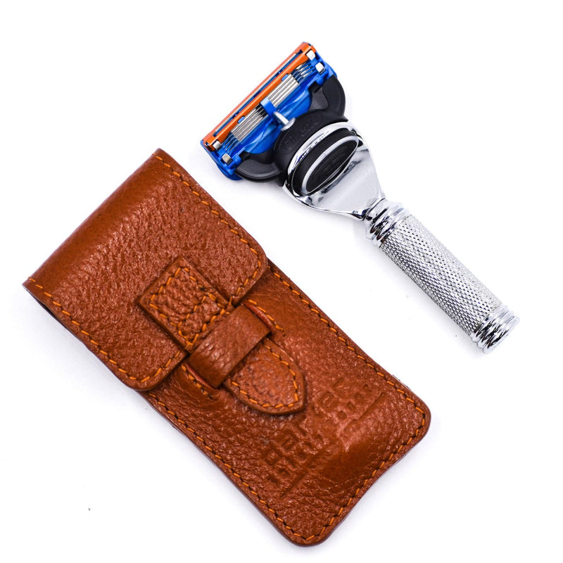 Fusion Compatible Travel Razor with Saddle Brown Leather Case (TRAVFUS) - by Parker Shaving Cartridge Razor Murphy and McNeil Store 