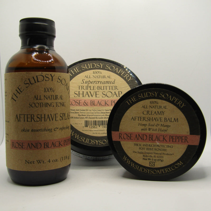 Rose & Black Pepper (Triple Butter) Shaving Soap, Splash, and Balm - by Sudsy Soapery (Pre-Owned) Soap and Aftershave Bundle Murphy & McNeil Pre-Owned Shaving 