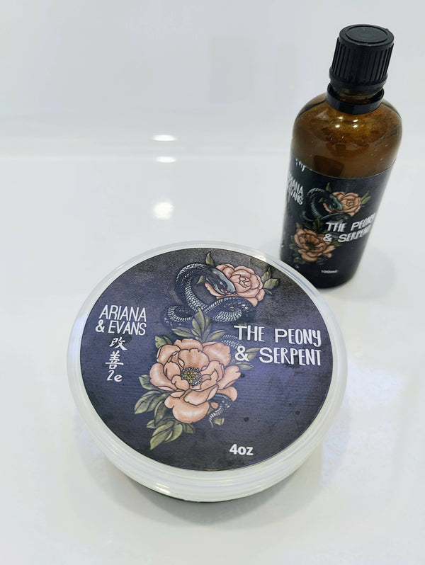 Ariana and Evans The peony and Serpent Set in k2e Soap and Aftershave Bundle Shave by the Bay 